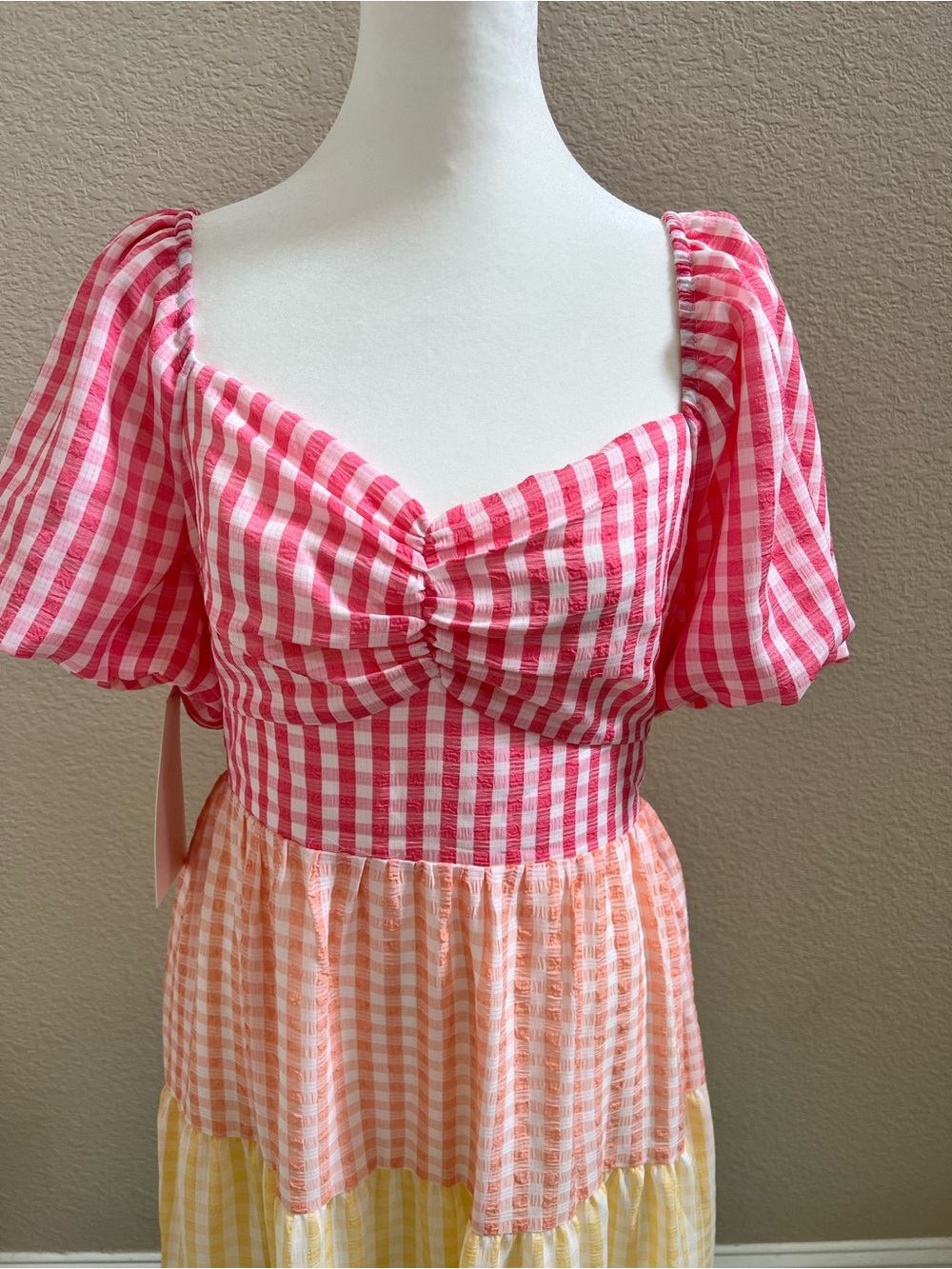 NWT English Factory Gingham Tiered Maxi Dress - Peach, Yellow, Aqua, Green - Picture 2 of 7